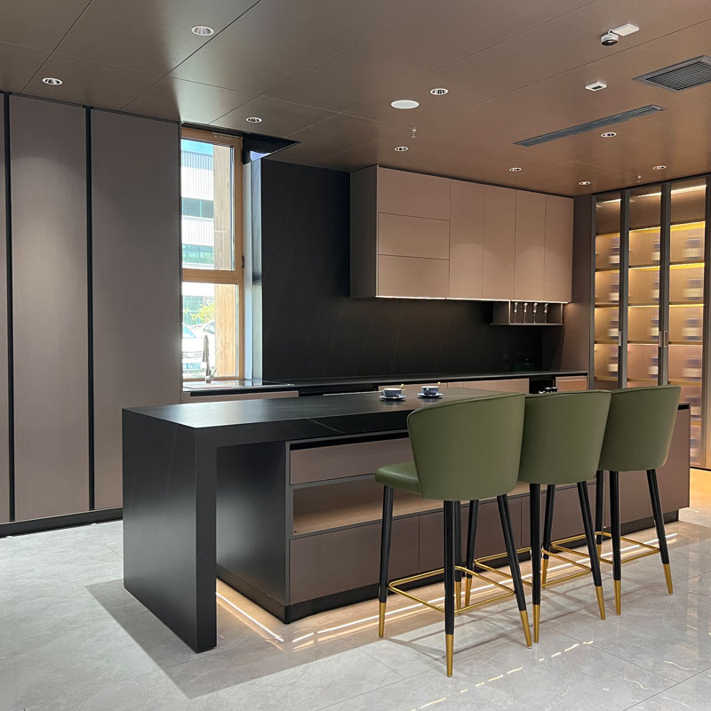 Luxuria coquina l Shaped cabinets with Glass Kitchen cabinets